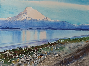 Photo of Suze Woolf painting of Dungeness Spit