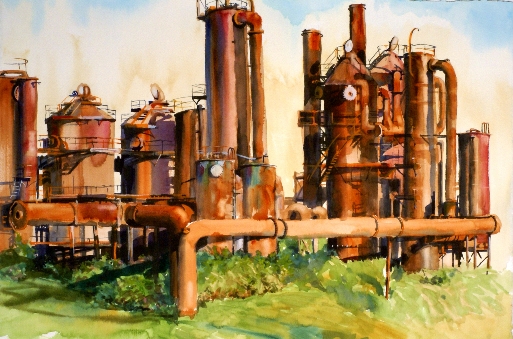Dawn of the Fossil Fuel Age is a watercolor painting of Gasworks Park by Suze Woolf