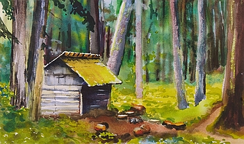 Photo of Suze Woolf painting of Sink Lake shelter