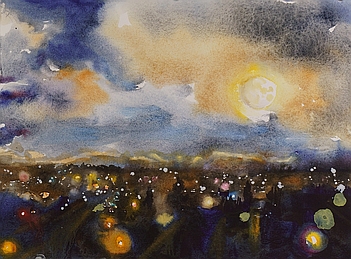 Suze Woolf painting of urban moonset