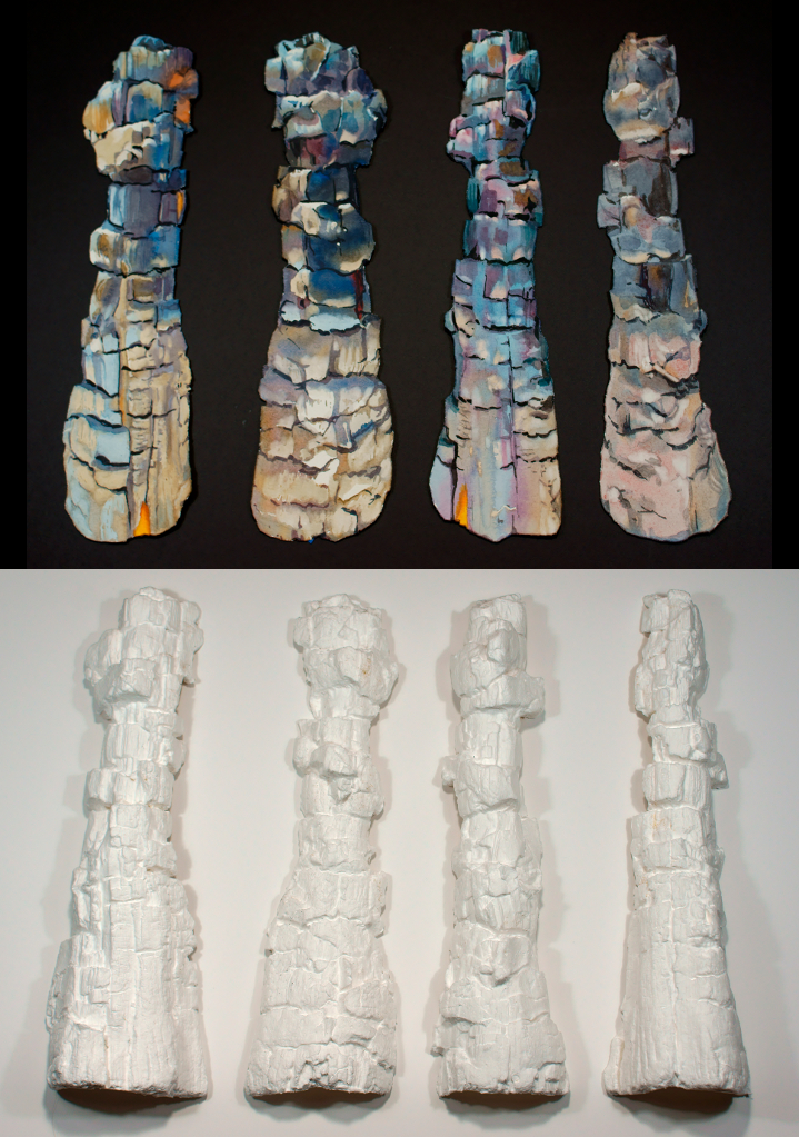 Suze Woolf painting and papercasts of the same burned log