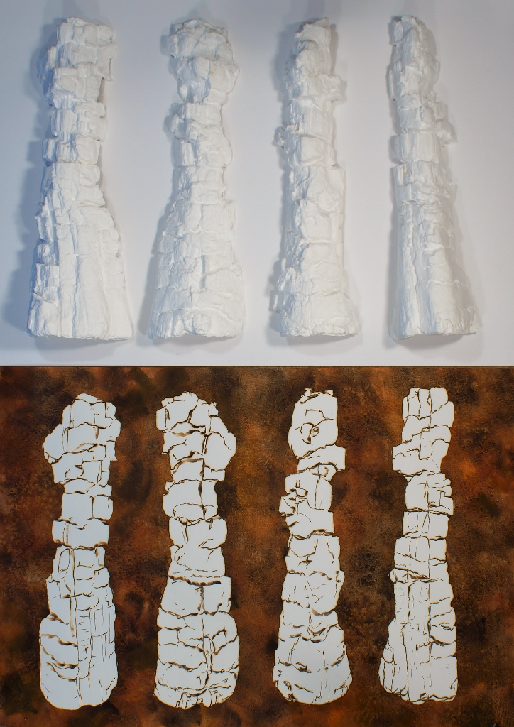 Suze Woolf painting and papercasts of the same burned log