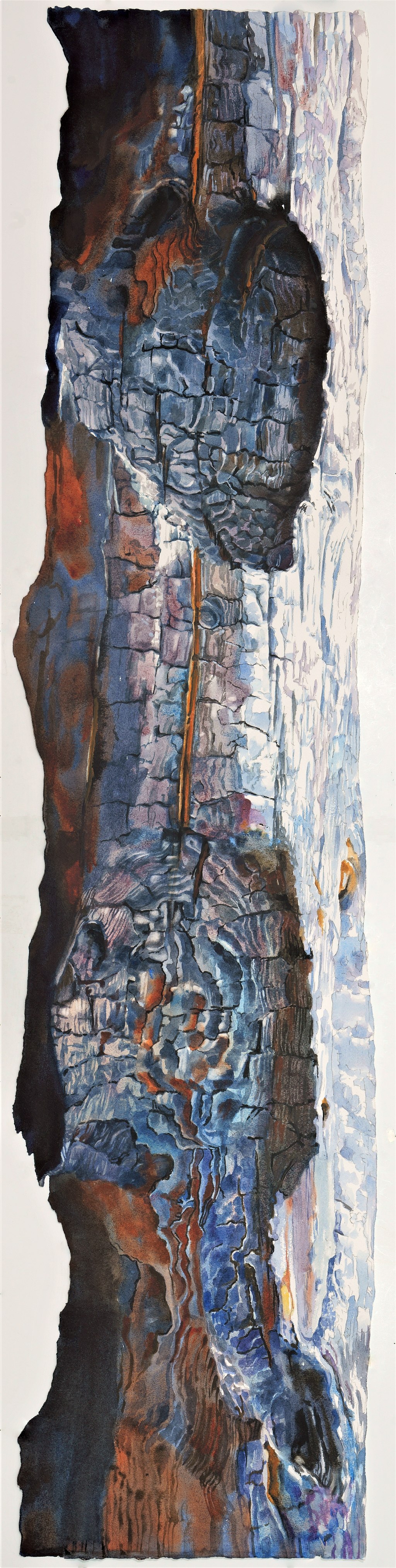 Suze Woolf watercolor painting of burned tree in Glacier National Park