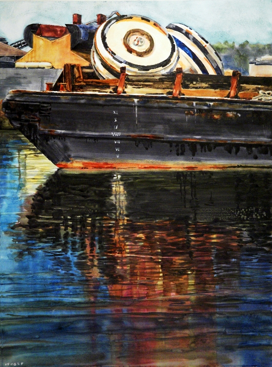 Bad Buoys is a Suze Woolf watercolor on gesso industrial maritime painting