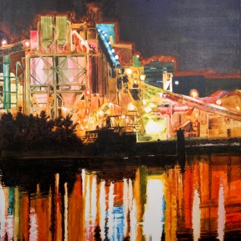 A cropped portion of the Suze Woolf painting, Industrial Midway