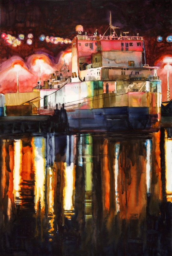 Night Shift is a Suze Woolf watercolor on gesso painting.