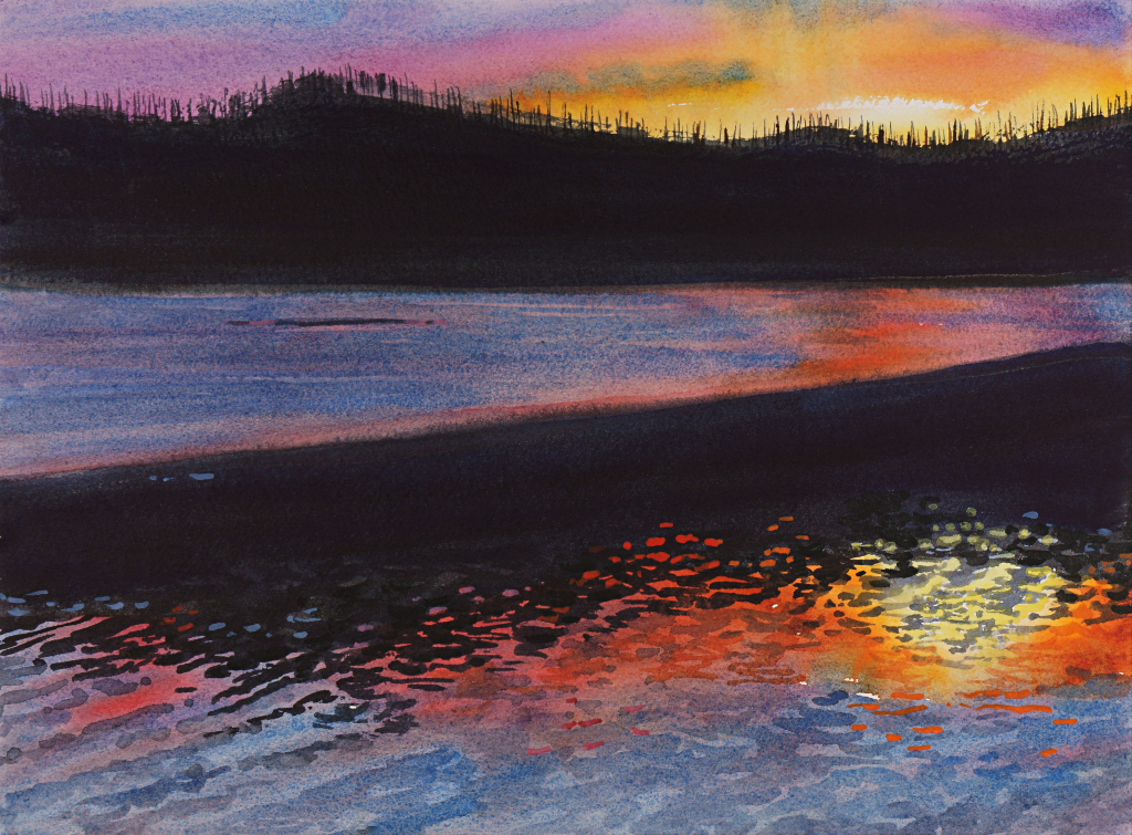 Suze Woolf painting of Lake McDonald at sunset