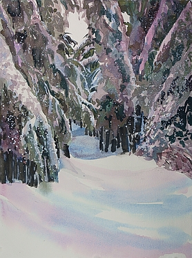 Photo of Suze Woolf painting Snow Falling on Hemlocks